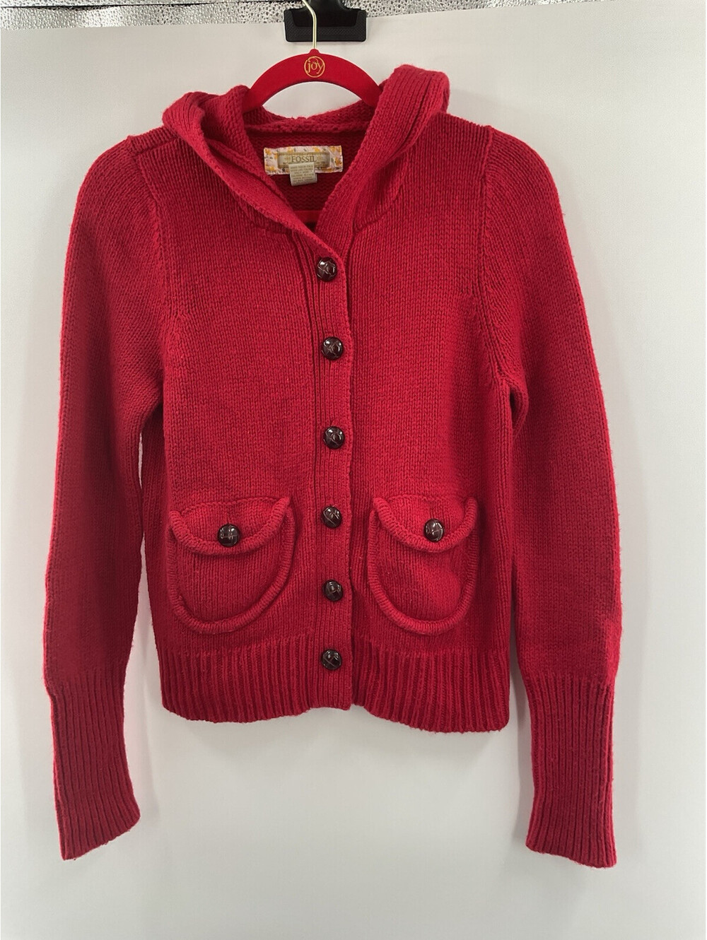 Fossil Women’s sweater size large red button up pockets 063